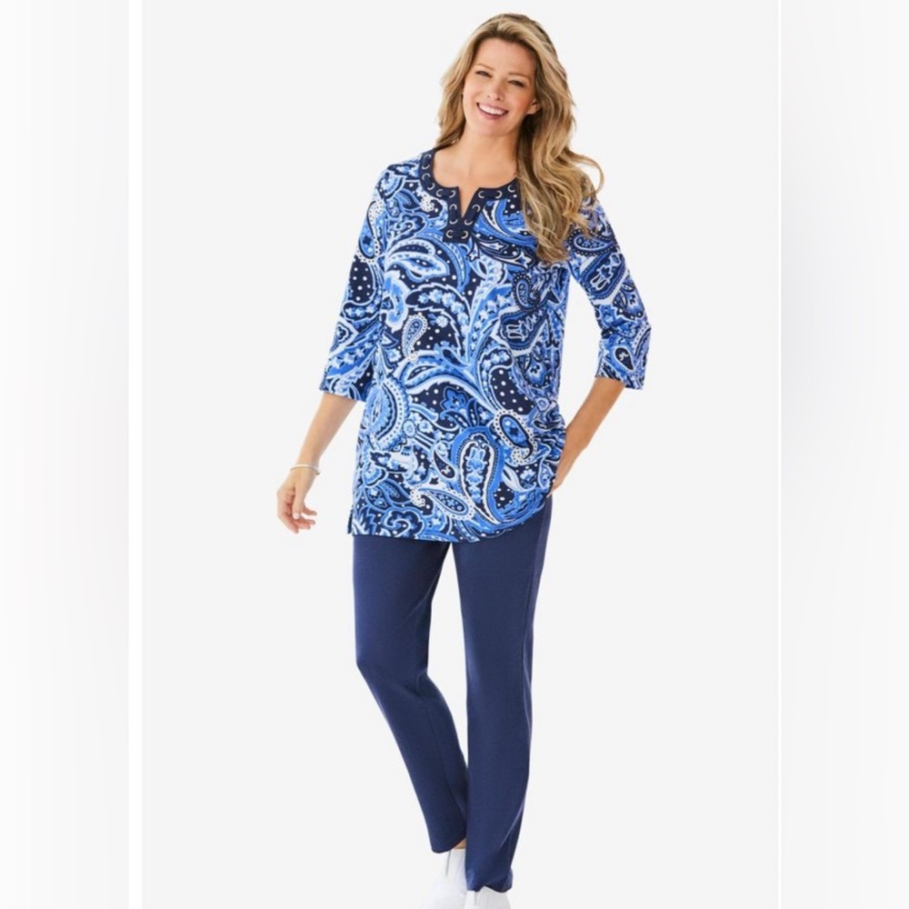 Woman Within Navy Three-Quarter Sleeve Grommet Notch Paisley Tunic! Size 1X. - Picture 10 of 15